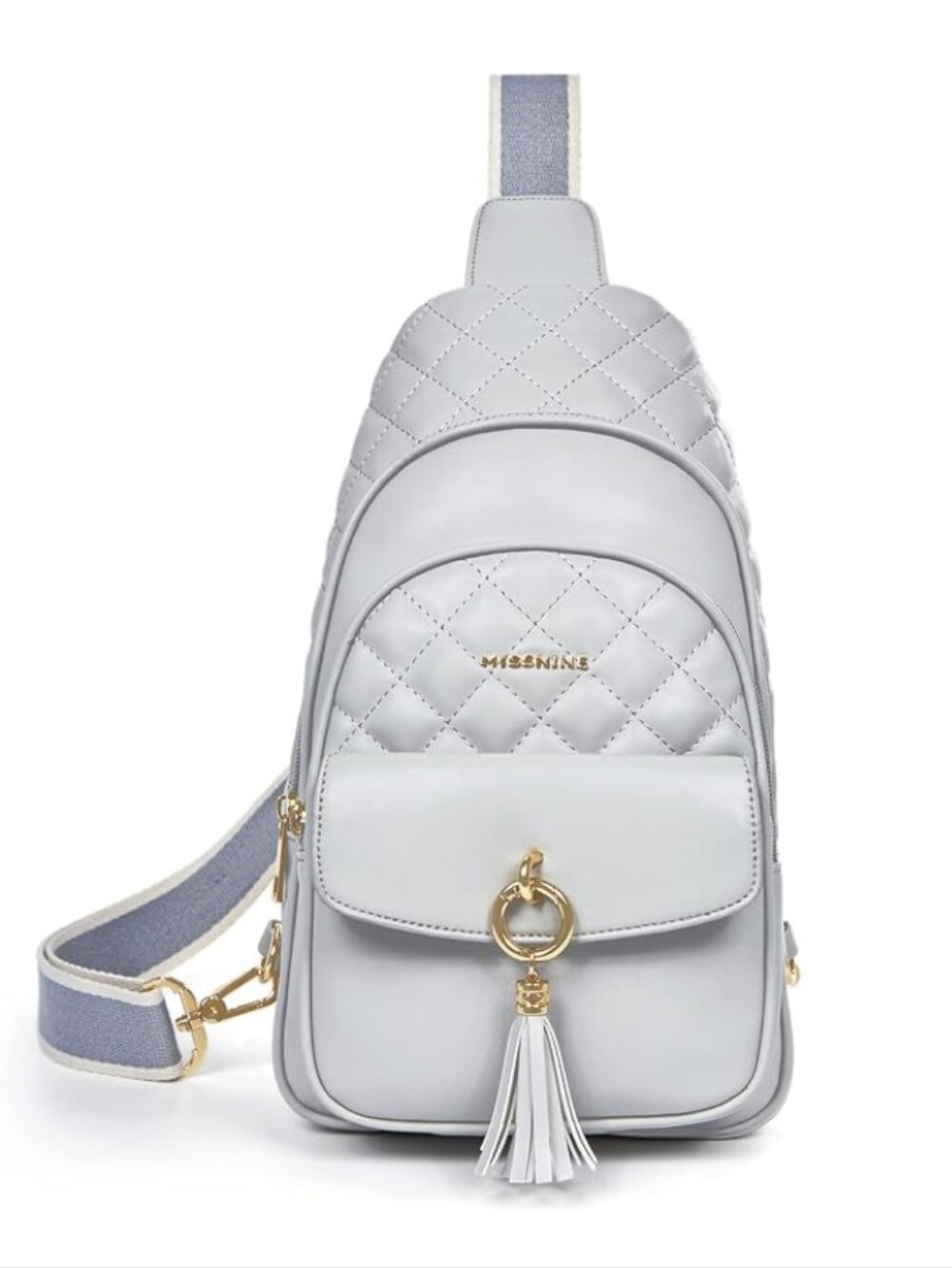 Missnine Gray Quilted Vegan Leather Crossbody Chest Sling Bag Backpack w/Tassel